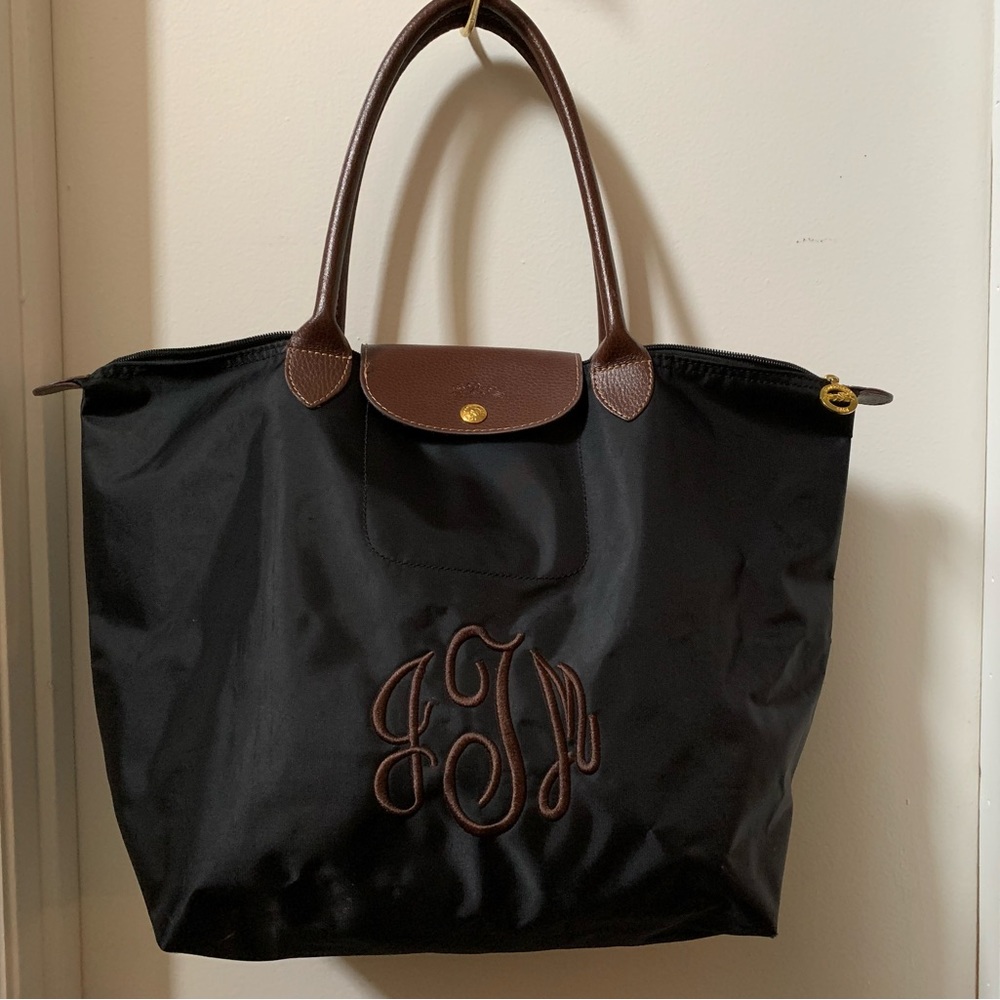 Longchamp Nylon Le Pliage Monogrammed Large Shopping Tote